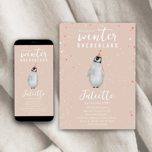 Invitación Invierno Onederland Pink Birthday Penguin Confetti (Subido por el creador)
