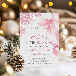Invitación Invierno Onederland Pink Bow Snowflake Cumpleaños