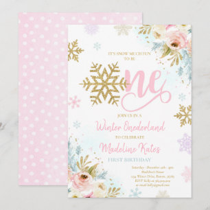 Invitación Invierno Onederland Pink & Gold Floral Primer cump