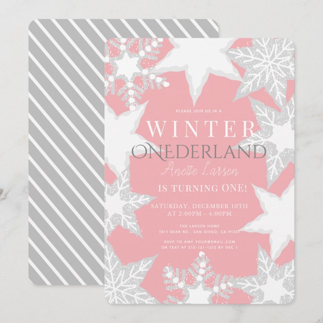 Invitación Invierno Onederland Pink & Silver 1er cumpleaños (Anverso / Reverso)