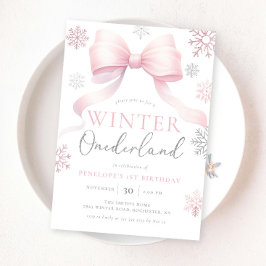 Invitación Invierno Onederland Pink Silver Bow Primer cumplea