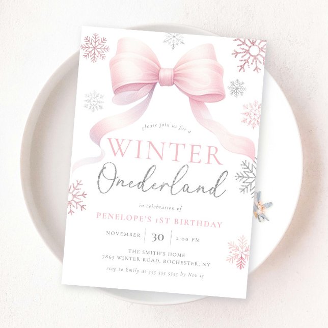 Invitación Invierno Onederland Pink Silver Bow Primer cumplea (Subido por el creador)