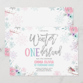 Invitación Invierno ONEderland Pink Silver Floral 1er cumplea