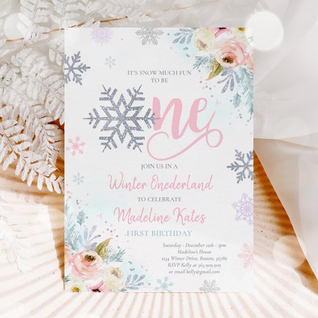 Invitación Invierno ONEderland Pink Silver Floral 1er cumplea (Subido por el creador)