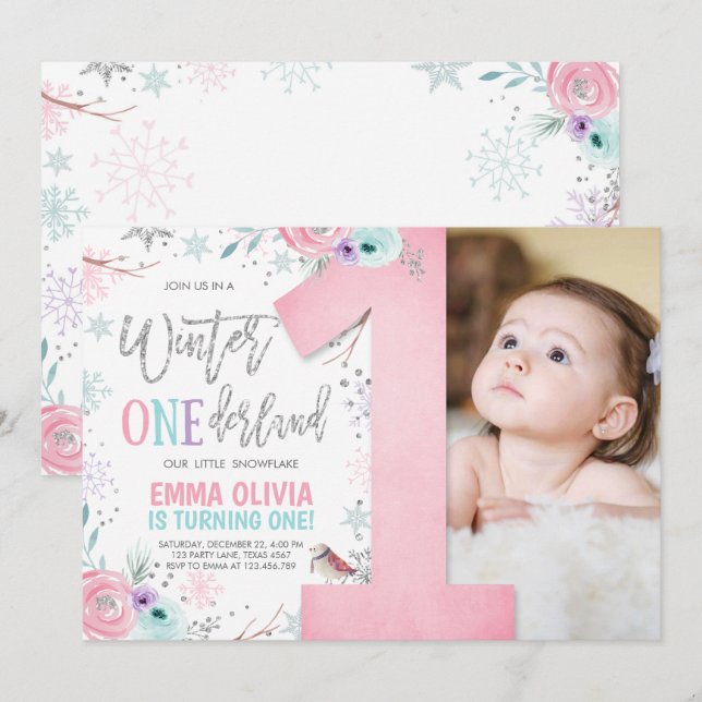 Invitación Invierno ONEderland Pink Silver Floral 1er cumplea (Anverso / Reverso)