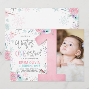 Invitación Invierno ONEderland Pink Silver Floral 1er cumplea
