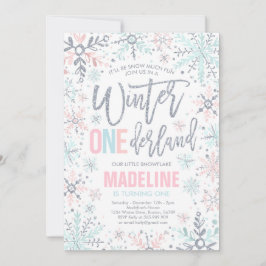 Invitación Invierno Onederland Pink Silver Snowflake Cumpleañ