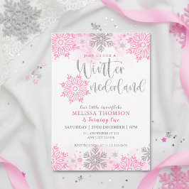 Invitación Invierno Onederland Pink Sparkle Snowflake Cumplea