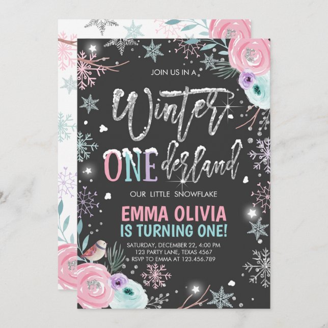 Invitación Invierno Onederland Plata rosa Primer cumpleaños (Anverso / Reverso)