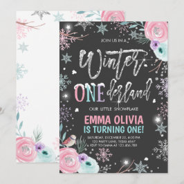Invitación Invierno Onederland Plata rosa Primer cumpleaños