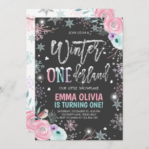 Invitación Invierno Onederland Plata rosa Primer cumpleaños