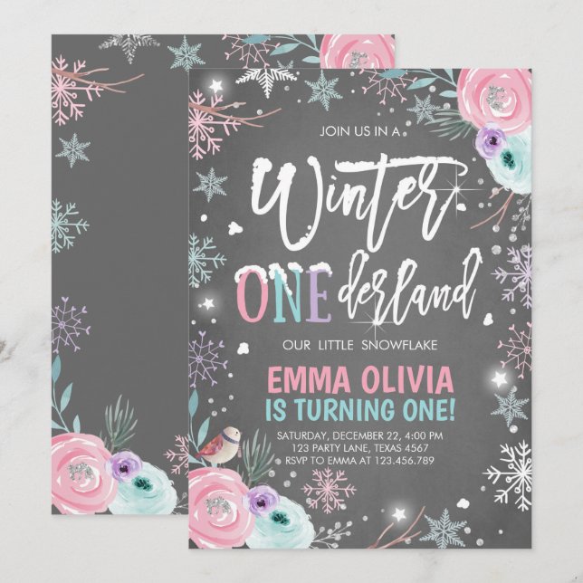 Invitación Invierno Onederland Plata rosa Primer cumpleaños (Anverso / Reverso)
