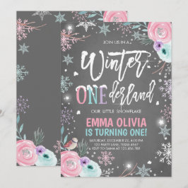 Invitación Invierno Onederland Plata rosa Primer cumpleaños