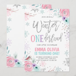 Invitación Invierno Onederland Plata rosa Primer cumpleaños
