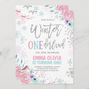 Invitación Invierno Onederland Plata rosa Primer cumpleaños