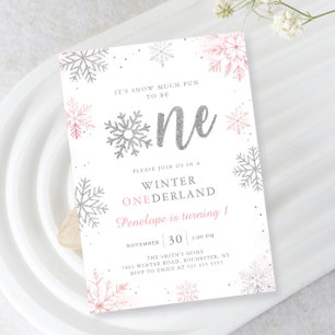Invitación Invierno Onederland Plata Rosa Primer Cumpleaños