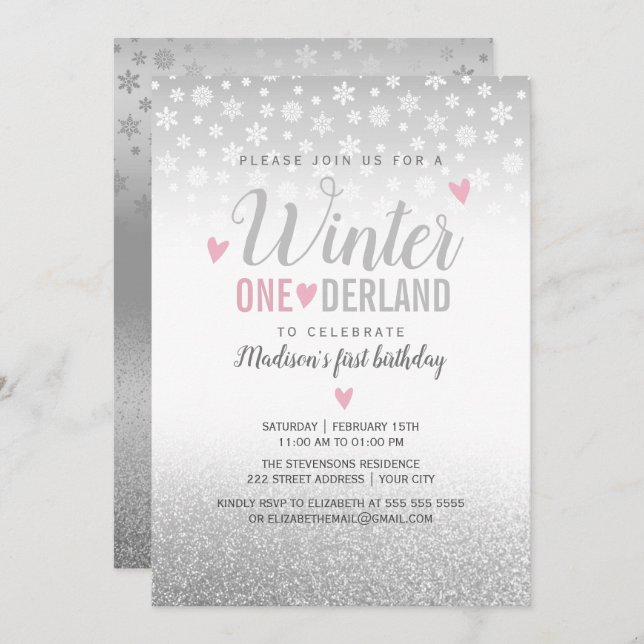 Invitación Invierno Onederland Plata Rosa Primer cumpleaños (Anverso / Reverso)