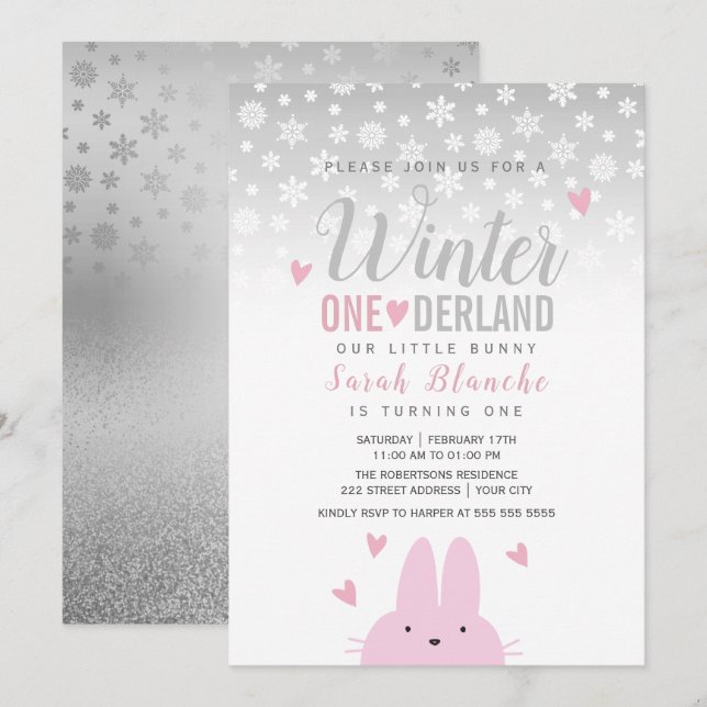 Invitación Invierno Onederland Plata Rosa Primer Cumpleaños (Anverso / Reverso)