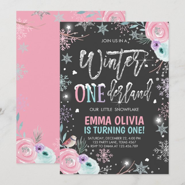 Invitación Invierno Onederland Plata rosa Primer cumpleaños (Anverso / Reverso)