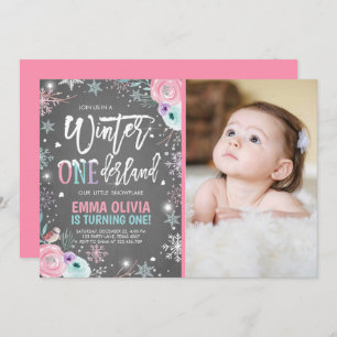 Invitación Invierno ONEderland Plata rosa Primer cumpleaños