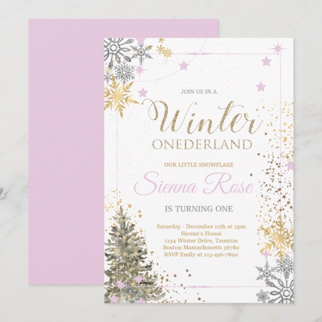 Invitación INVIERNO Onederland Plata Rosa y Oro Primer cumple (Anverso / Reverso)