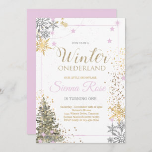 Invitación INVIERNO Onederland Plata Rosa y Oro Primer cumple