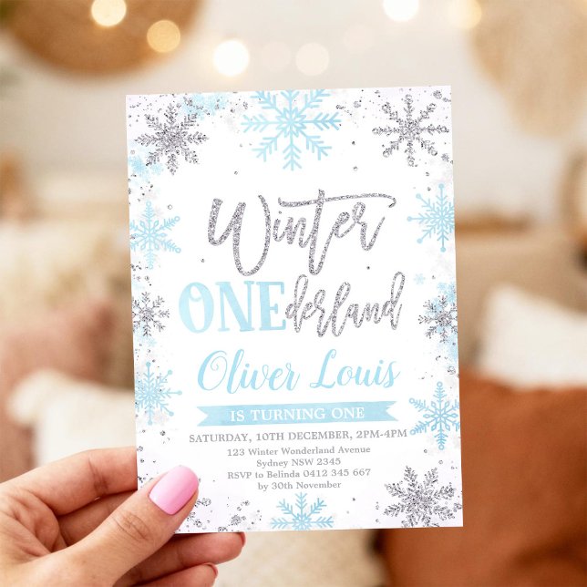 Invitación Invierno ONEderland Plateado Azul Cumpleaños 1  (Subido por el creador)