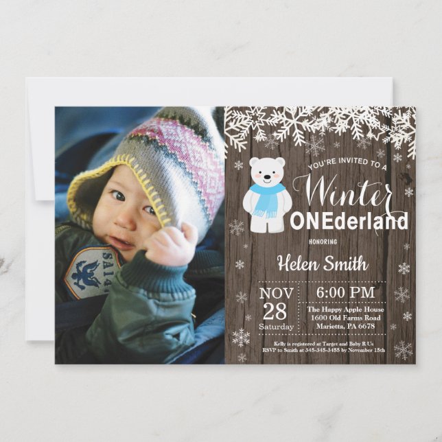 Invitación Invierno Onederland Polar Bear Boy Primer cumpleañ (Anverso)
