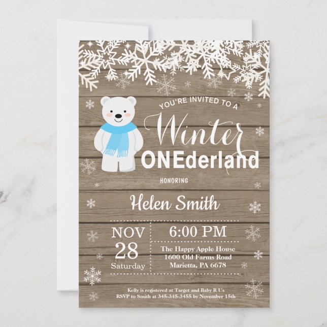 Invitación Invierno Onederland Polar Bear Boy Primer cumpleañ (Anverso)
