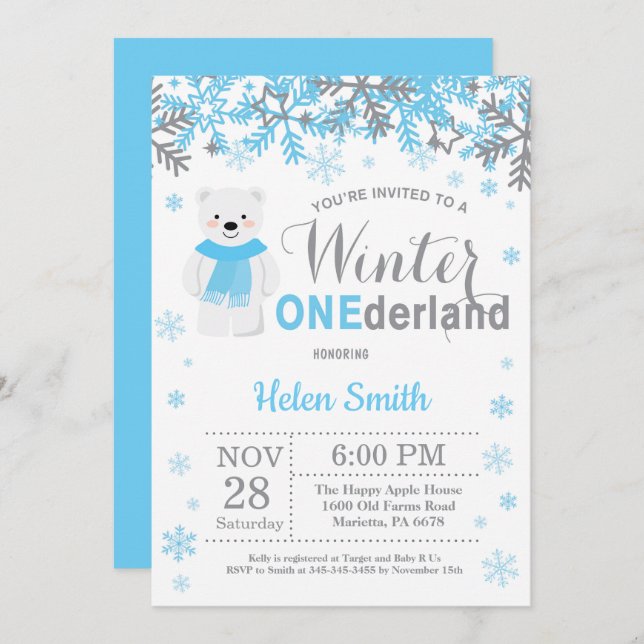 Invitación Invierno Onederland Polar Bear Boy Primer cumpleañ (Anverso / Reverso)