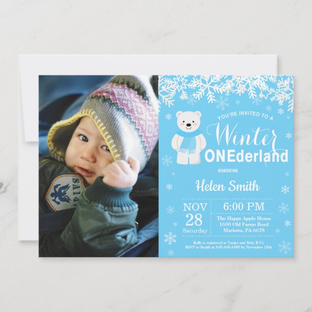 Invitación Invierno Onederland Polar Bear Boy Primer cumpleañ (Anverso)