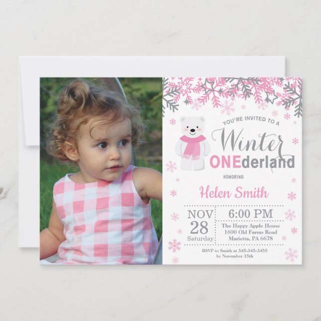 Invitación Invierno Onederland Polar Bear Chica Primer Cumple (Anverso)