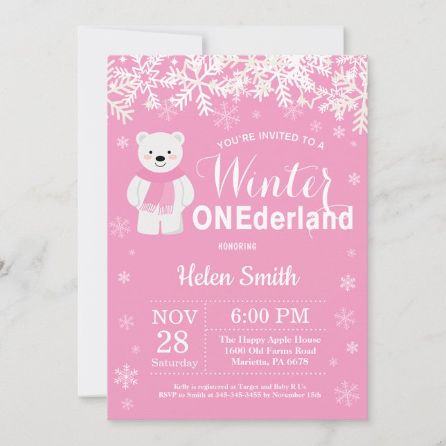 Invitación Invierno Onederland Polar Bear Chica Primer Cumple (Anverso)