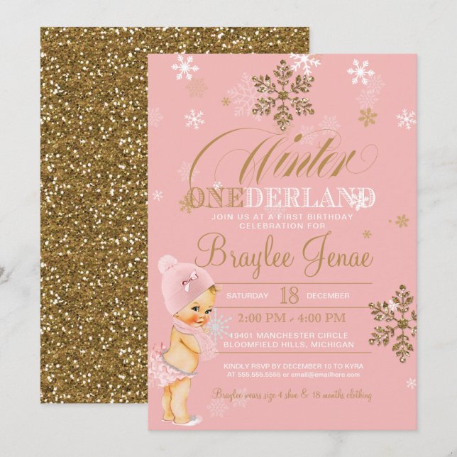 Invitación Invierno Onederland Primer cumpleaños Blonde Girl (Anverso / Reverso)