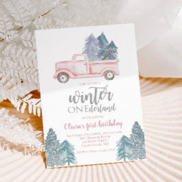 Invitación Invierno Onederland primer cumpleaños camión rosa