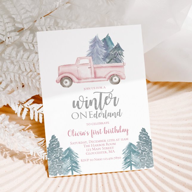 Invitación Invierno Onederland primer cumpleaños camión rosa (Subido por el creador)