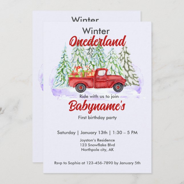 Invitación Invierno Onederland Primer cumpleaños de Red Truck (Anverso / Reverso)