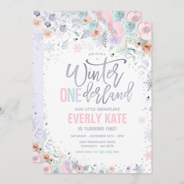 Invitación Invierno ONEderland Primer cumpleaños Silver Lilac (Anverso / Reverso)
