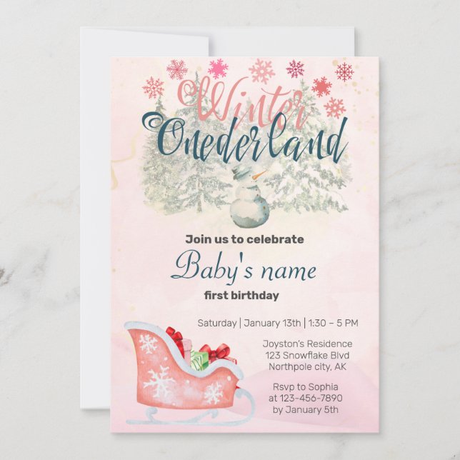 Invitación Invierno Onederland Primer cumpleaños Snowman Pink (Anverso)