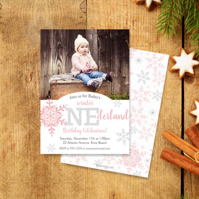 Invitación Invierno ONEderland Purpurina de Plata Rosa Primer (Subido por el creador)