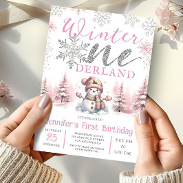 Invitación Invierno Onederland Purpurina de Plata Rosa Primer