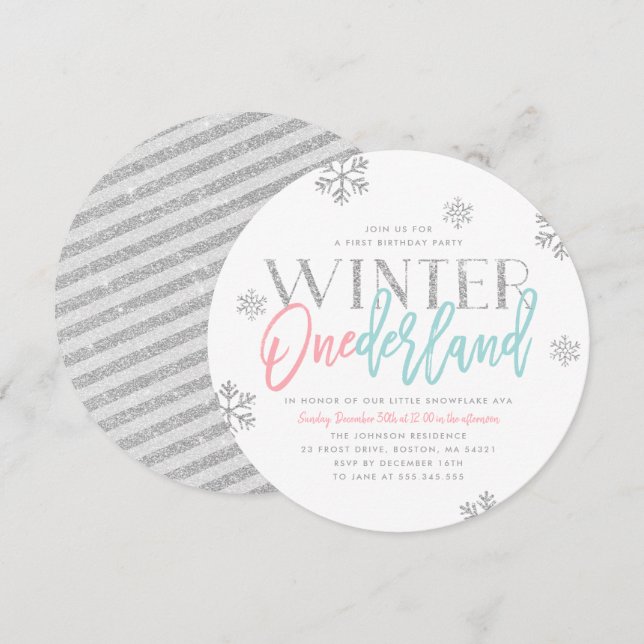 Invitación Invierno ONEderland Purpurinoso Plata Primer Cumpl (Anverso / Reverso)