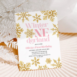Invitación Invierno Onederland rosa dorado copo de nieve cump