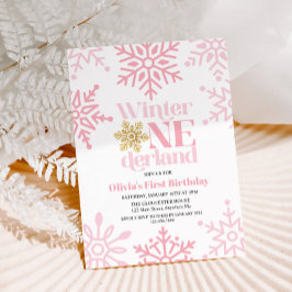 Invitación Invierno Onederland rosa dorado copo de nieve cump