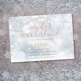 Invitación Invierno Onederland Rosa Y Oro Primer Cumpleaños