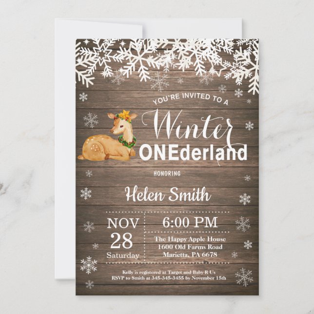 Invitación Invierno Onederland Rústico Deer Primer cumpleaños (Anverso)