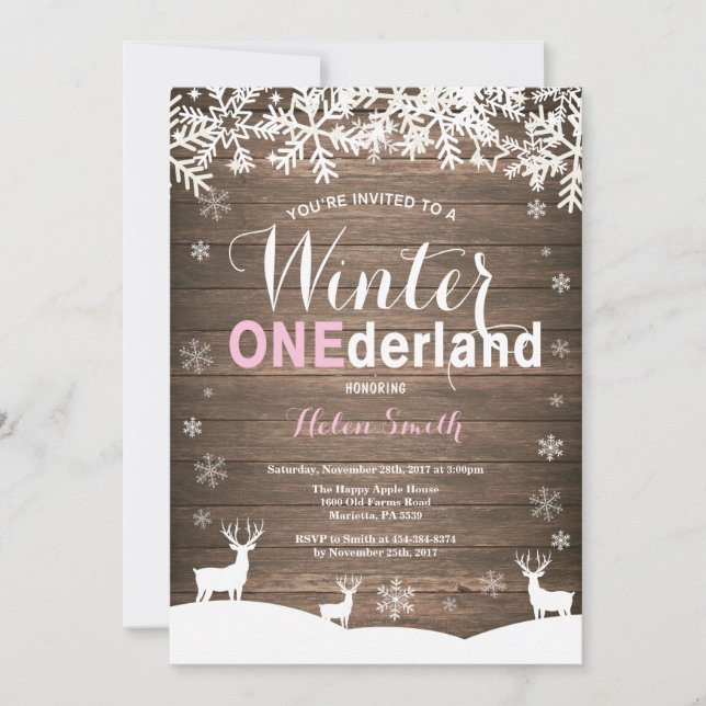 Invitación Invierno Onederland Rústico Madera Niña 1er Cumple (Anverso)