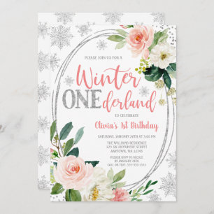 Invitación Invierno Onederland Silver Pink Floral Cumpleaños