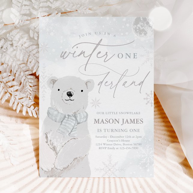 Invitación Invierno Onederland Silver Polar Bear Cumpleaños (Subido por el creador)