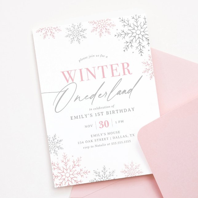 Invitación Invierno Onederland Silver Purpurina Rosado Primer (Subido por el creador)